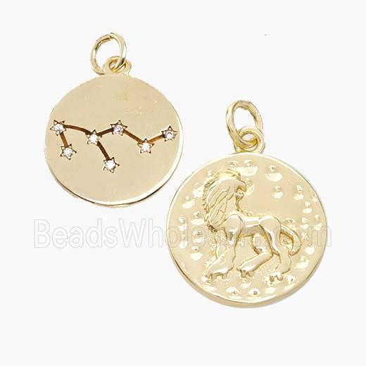 Copper Circle Pendant Pave Zirconia Zodiac Leo Gold Plated