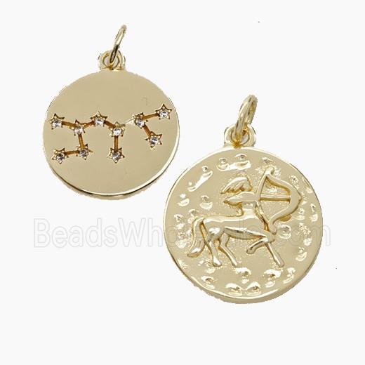 Copper Circle Pendant Pave Zirconia Zodiac Sagittarius Gold Plated