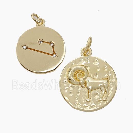 Copper Circle Pendant Pave Zirconia Zodiac Capricorn Gold Plated