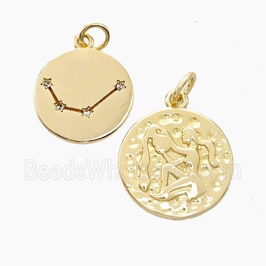 Copper Circle Pendant Pave Zirconia Zodiac Aquarius Gold Plated