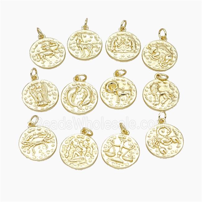 Copper Circle Pendant Pave Zirconia Zodiac Gold Plated Mixed