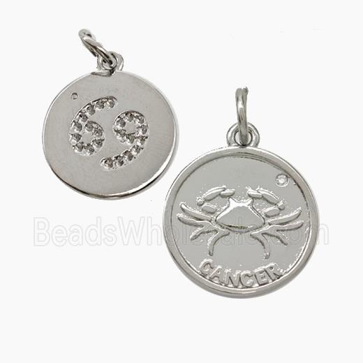 Zodiac Cancer Copper Circle Pendant Pave Zirconia Platinum Plated