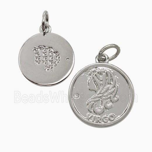 Zodiac Virgo Copper Circle Pendant Pave Zirconia Platinum Plated