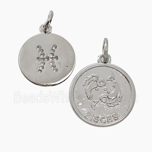 Zodiac Pisces Copper Circle Pendant Pave Zirconia Platinum Plated