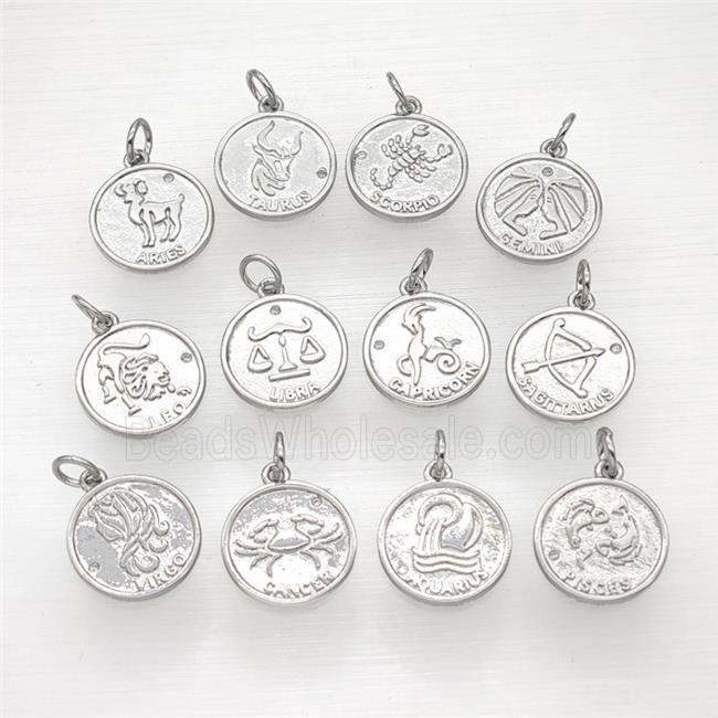 Copper Circle Zodiac Pendant Pave Zirconia Platinum Plated Mixed