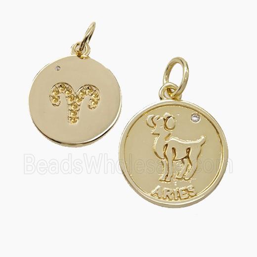 Zodiac Aries Copper Circle Pendant Pave Zirconia Gold Plated