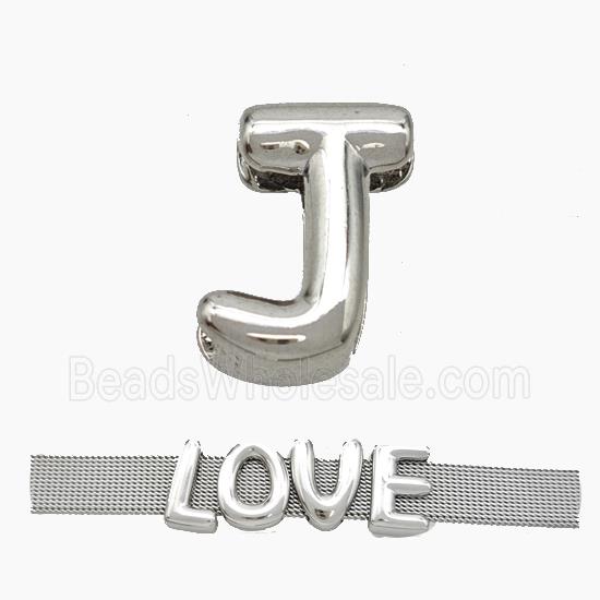 Copper Watchband Beads Letter-J Flat Hole Platinum Plated