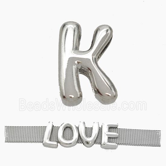 Copper Watchband Beads Letter-K Flat Hole Platinum Plated