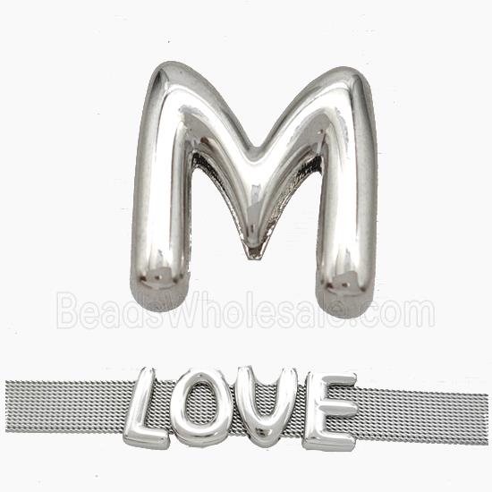 Copper Watchband Beads Letter-M Flat Hole Platinum Plated