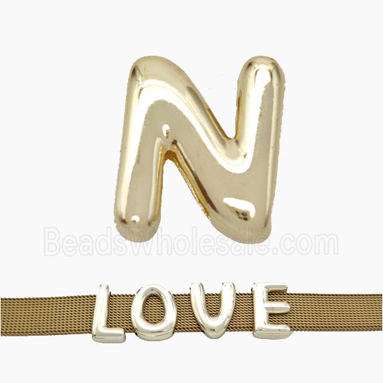 Copper Watchband Beads Letter-N Flat Hole Gold Plated