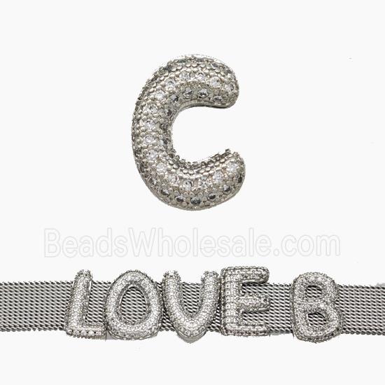 Copper Watchband Beads Pave Zirconia Letter-C Flat Hole Platinum Plated