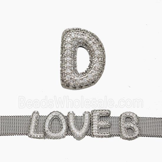 Copper Watchband Beads Pave Zirconia Letter-D Flat Hole Platinum Plated