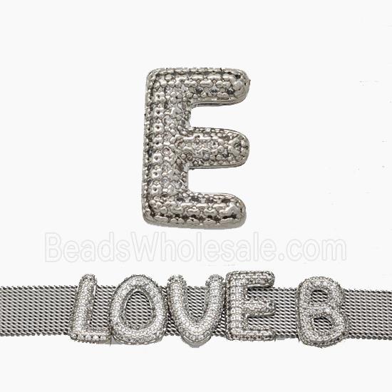 Copper Watchband Beads Pave Zirconia Letter-E Flat Hole Platinum Plated