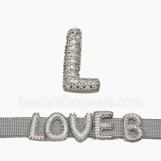 Copper Watchband Beads Pave Zirconia Letter-L Flat Hole Platinum Plated