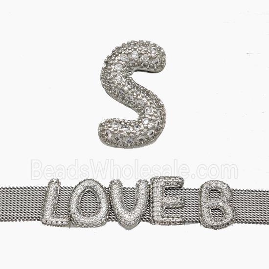 Copper Watchband Beads Pave Zirconia Letter-S Flat Hole Platinum Plated