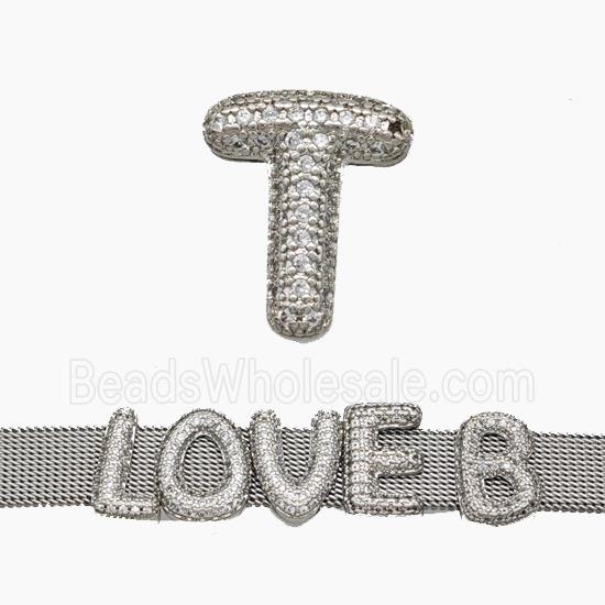 Copper Watchband Beads Pave Zirconia Letter-T Flat Hole Platinum Plated