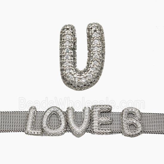 Copper Watchband Beads Pave Zirconia Letter-U Flat Hole Platinum Plated