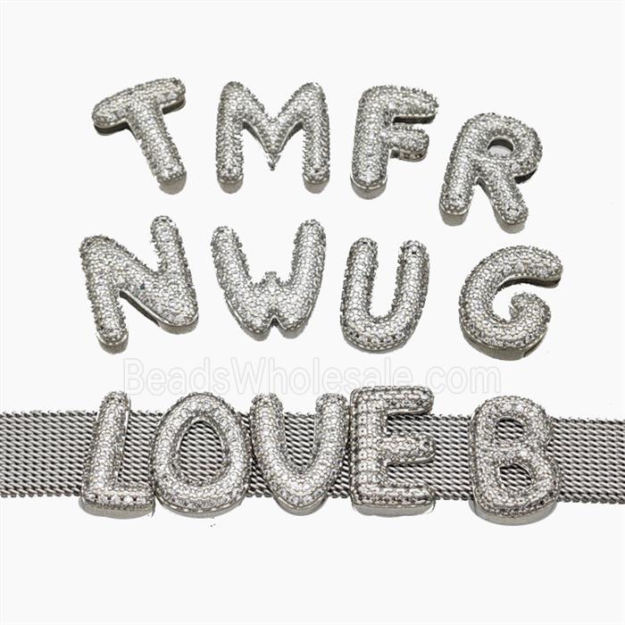 Copper Watchband Alphabet Beads Pave Zirconia Flat Hole Platinum Plated Mix Letters