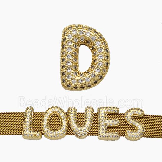 Copper Watchband Beads Pave Zirconia Letter-D Flat Hole Gold Plated