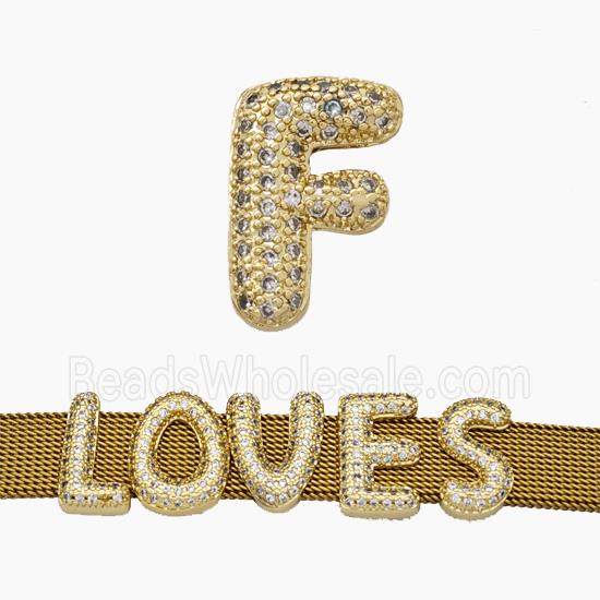 Copper Watchband Beads Pave Zirconia Letter-F Flat Hole Gold Plated