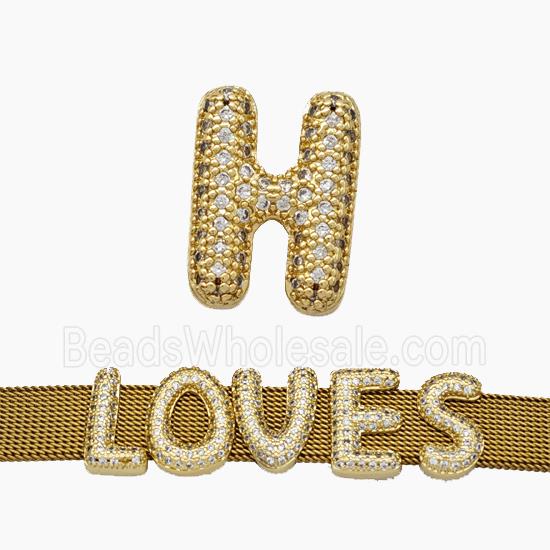 Copper Watchband Beads Pave Zirconia Letter-H Flat Hole Gold Plated