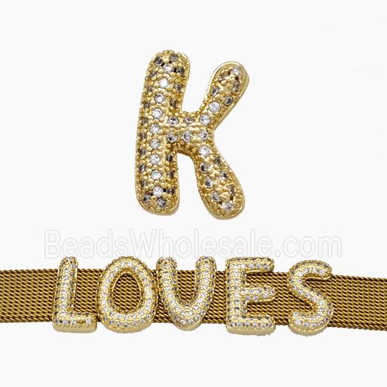 Copper Watchband Beads Pave Zirconia Letter-K Flat Hole Gold Plated