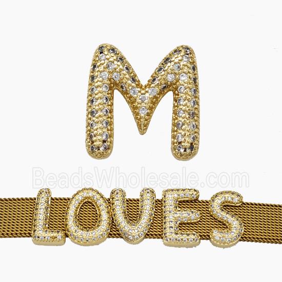 Copper Watchband Beads Pave Zirconia Letter-M Flat Hole Gold Plated