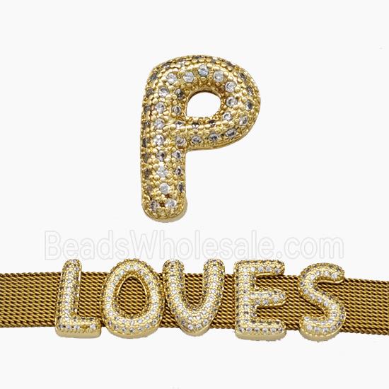 Copper Watchband Beads Pave Zirconia Letter-P Flat Hole Gold Plated