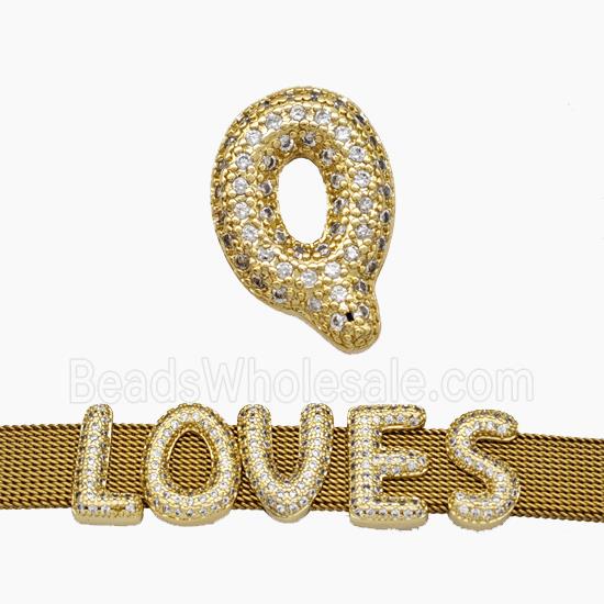 Copper Watchband Beads Pave Zirconia Letter-Q Flat Hole Gold Plated