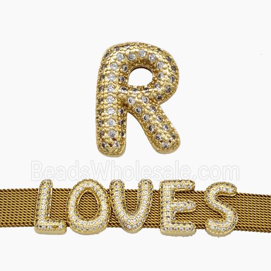Copper Watchband Beads Pave Zirconia Letter-R Flat Hole Gold Plated