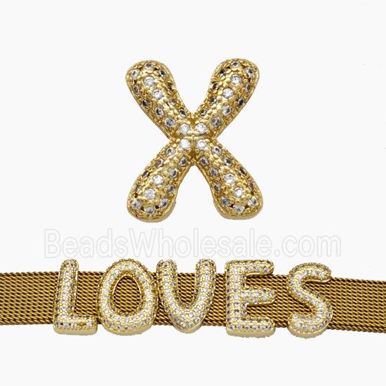 Copper Watchband Beads Pave Zirconia Letter-X Flat Hole Gold Plated