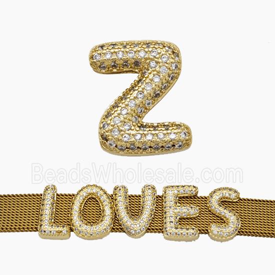 Copper Watchband Beads Pave Zirconia Letter-Z Flat Hole Gold Plated