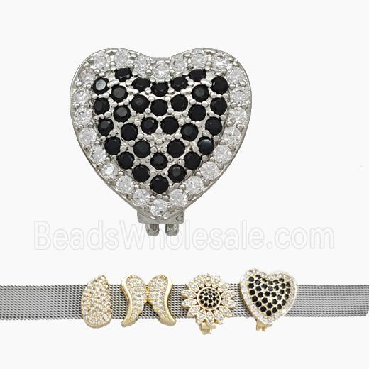 Copper Watchband Beads Pave Zirconia Heart Flat Hole Platinum Plated