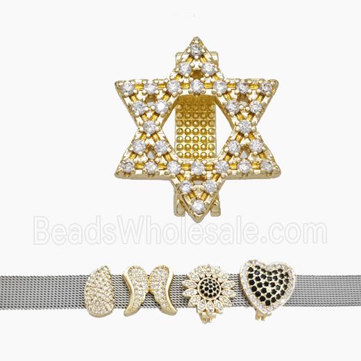 Copper Watchband Beads Pave Zirconia David Star Flat Hole Gold Plated
