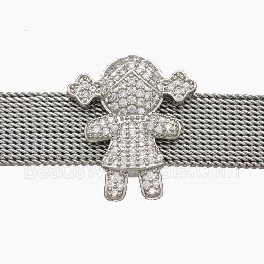 Copper Watchband Beads Pave Zirconia Kids Girls Flat Hole Platinum Plated