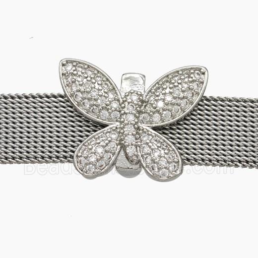 Copper Watchband Beads Pave Zirconia Butterfly Flat Hole Platinum Plated