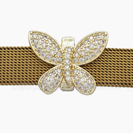 Copper Watchband Beads Pave Zirconia Butterfly Flat Hole Gold Plated