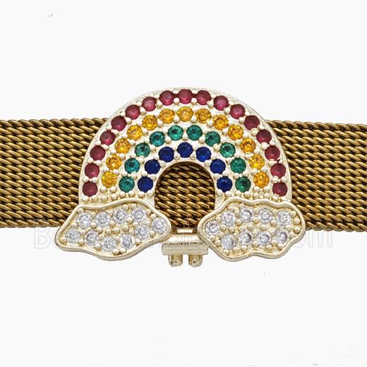 Copper Watchband Beads Pave Zirconia Rainbow Flat Hole Gold Plated