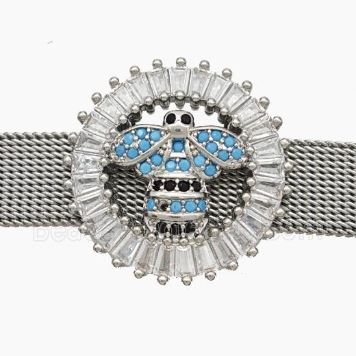 Copper Watchband Beads Pave Zirconia Honeybee Flat Hole Platinum Plated