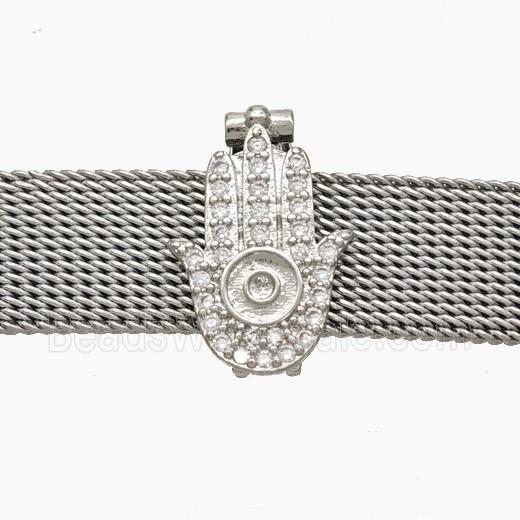 Copper Watchband Beads Pave Zirconia Hamsahand Flat Hole Platinum Plated