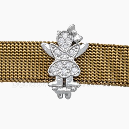 Copper Watchband Beads Pave Zirconia Kids Girl Flat Hole Platinum Plated