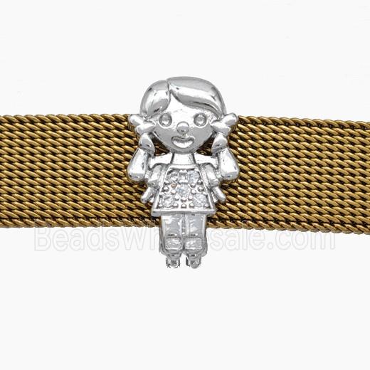 Copper Watchband Beads Pave Zirconia Kids Girl Flat Hole Platinum Plated