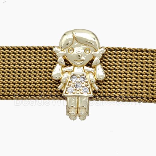 Copper Watchband Beads Pave Zirconia Kids Girl Flat Hole Gold Plated