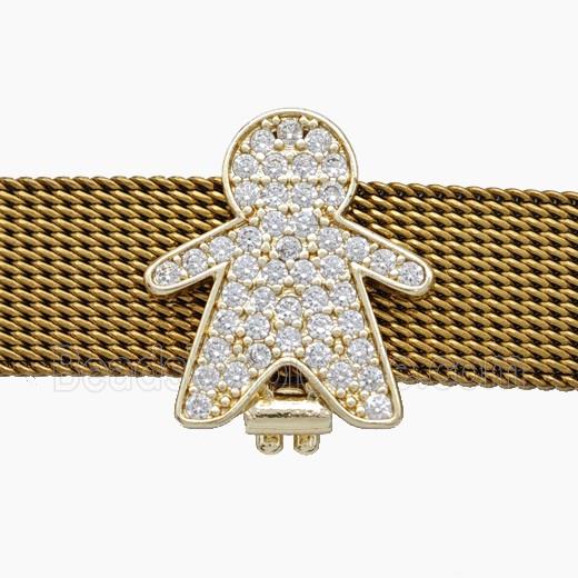 Copper Watchband Beads Pave Zirconia Kids Boy Flat Hole Gold Plated