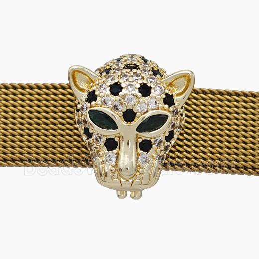 Copper Watchband Beads Pave Zirconia Panther-Head Flat Hole Gold Plated