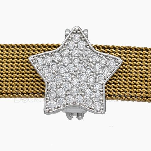 Copper Watchband Beads Pave Zirconia Star Flat Hole Platinum Plated