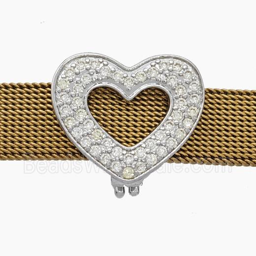 Copper Watchband Beads Pave Zirconia Heart Flat Hole Platinum Plated