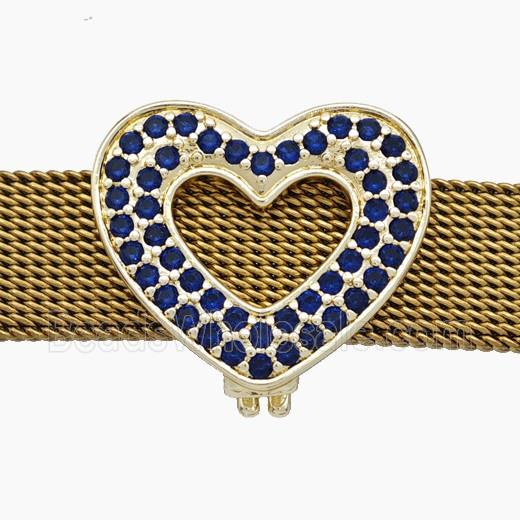 Copper Watchband Beads Pave Zirconia Heart Flat Hole Gold Plated