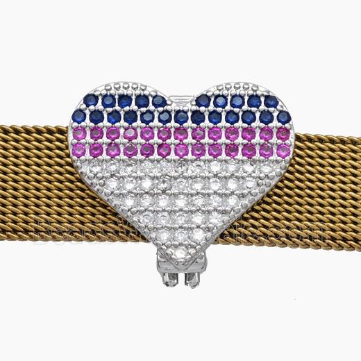 Copper Watchband Beads Pave Zirconia Heart Flat Hole Platinum Plated