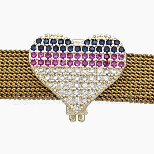 Copper Watchband Beads Pave Zirconia Heart Flat Hole Gold Plated